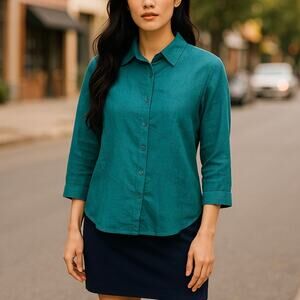 Lafayette 148 New York Teal Linen Button Down Petite Top